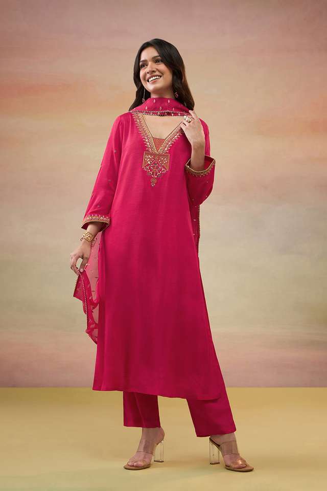 Pink Pure Viscose Embroidered Kurta Set thumbnail image number null