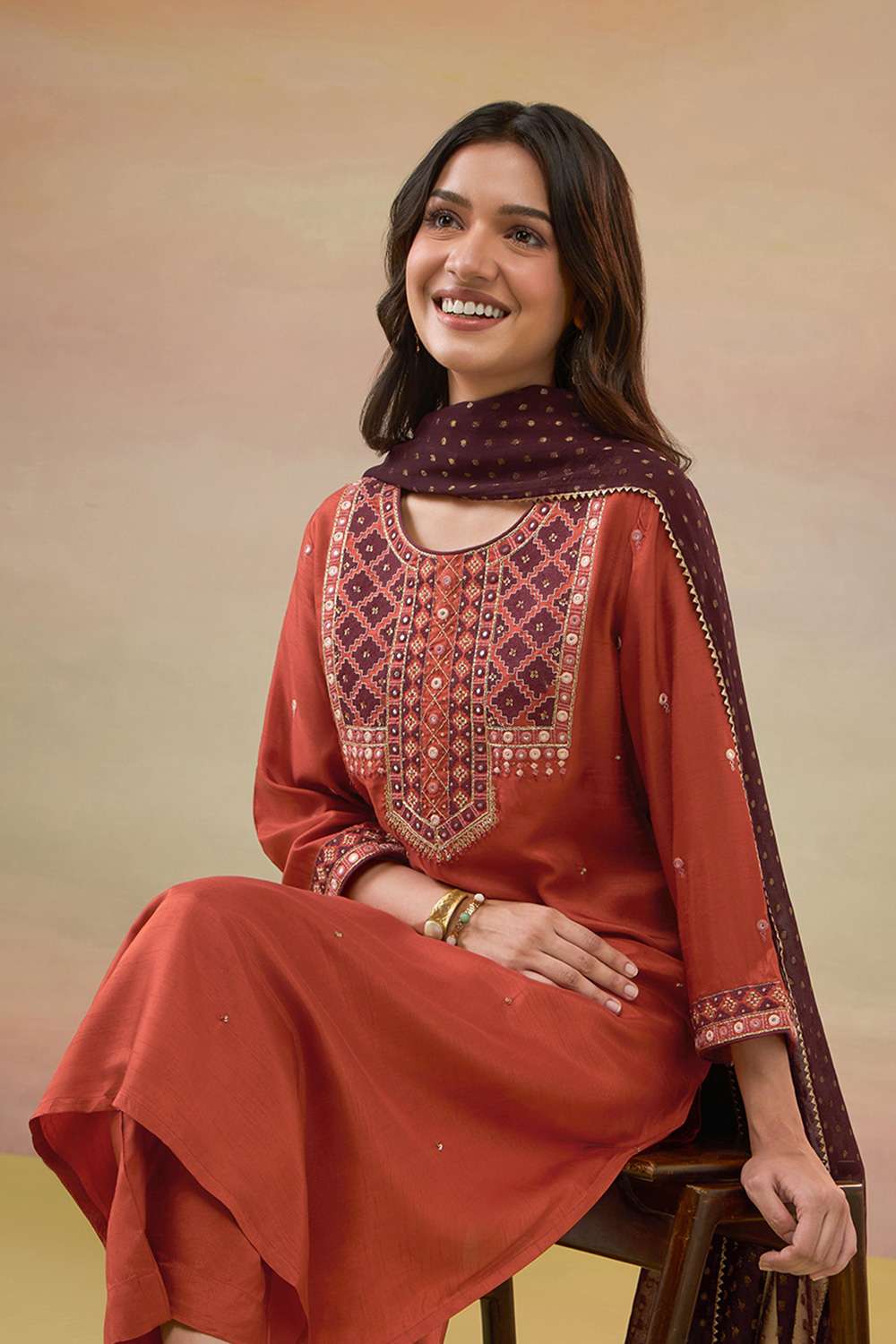 Dark Orange Pure Viscose Embroidered Kurta Set image number null