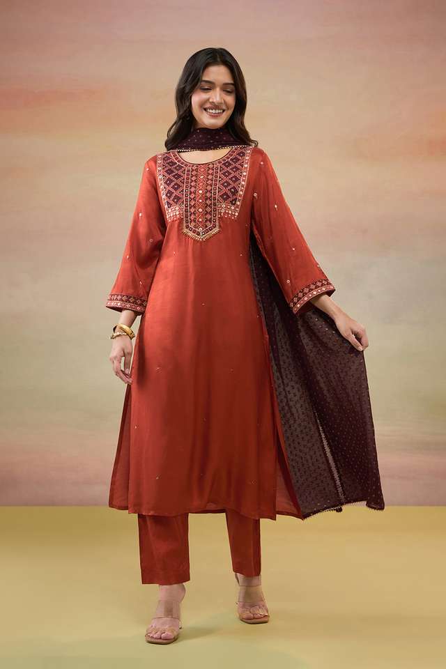 Dark Orange Pure Viscose Embroidered Kurta Set thumbnail image number null