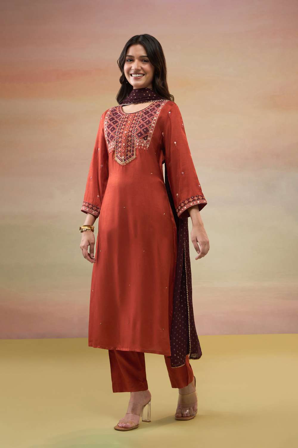 Dark Orange Pure Viscose Embroidered Kurta Set image number null