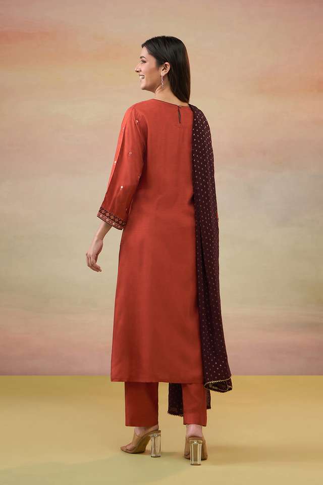 Dark Orange Pure Viscose Embroidered Kurta Set thumbnail image number null