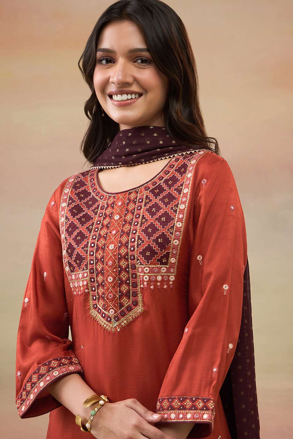 Dark Orange Pure Viscose Embroidered Kurta Set image number null