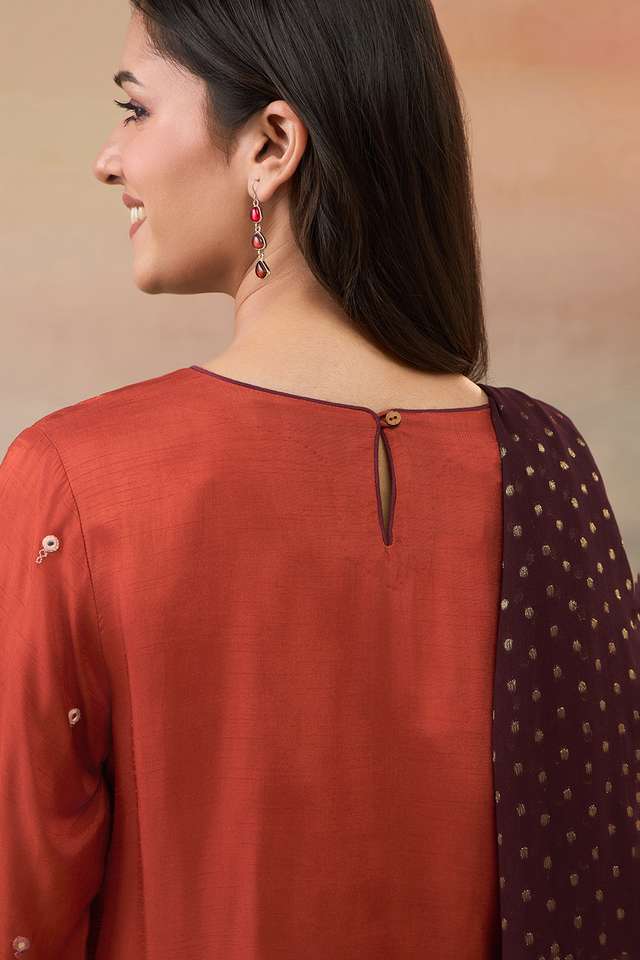 Dark Orange Pure Viscose Embroidered Kurta Set thumbnail image number null