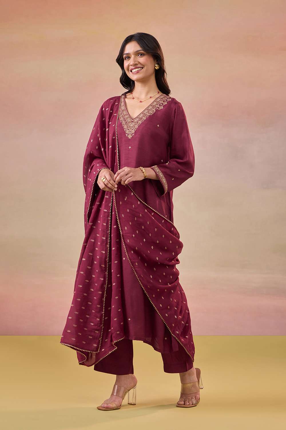 Dark Red Pure Viscose Embroidered Kurta Set image number null