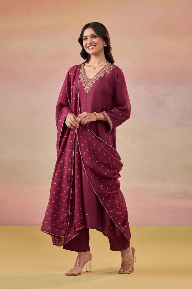 Dark Red Pure Viscose Embroidered Kurta Set image number