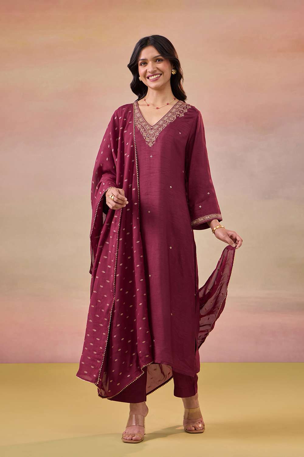 Dark Red Pure Viscose Embroidered Kurta Set image number null