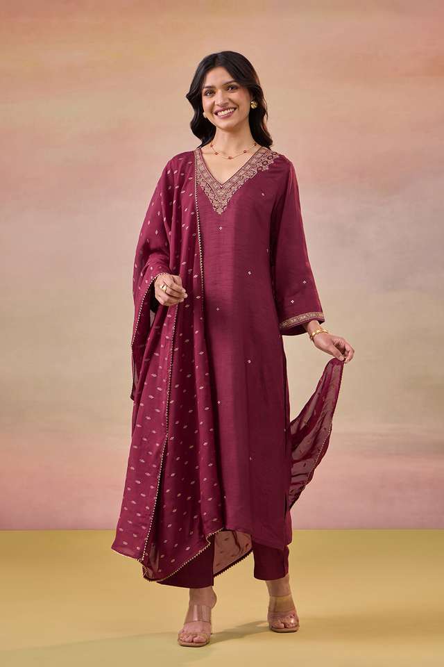 Dark Red Pure Viscose Embroidered Kurta Set thumbnail image number null