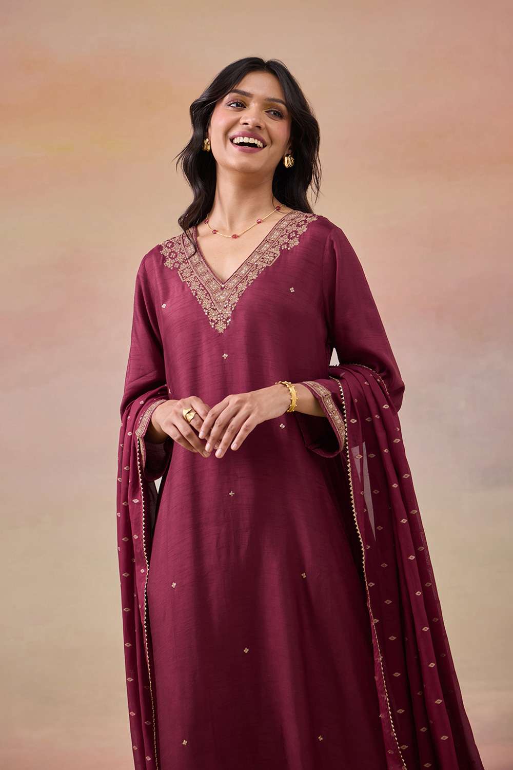 Dark Red Pure Viscose Embroidered Kurta Set image number null