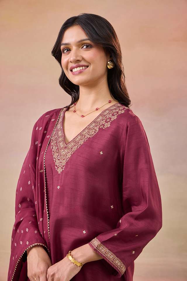 Dark Red Pure Viscose Embroidered Kurta Set thumbnail image number null
