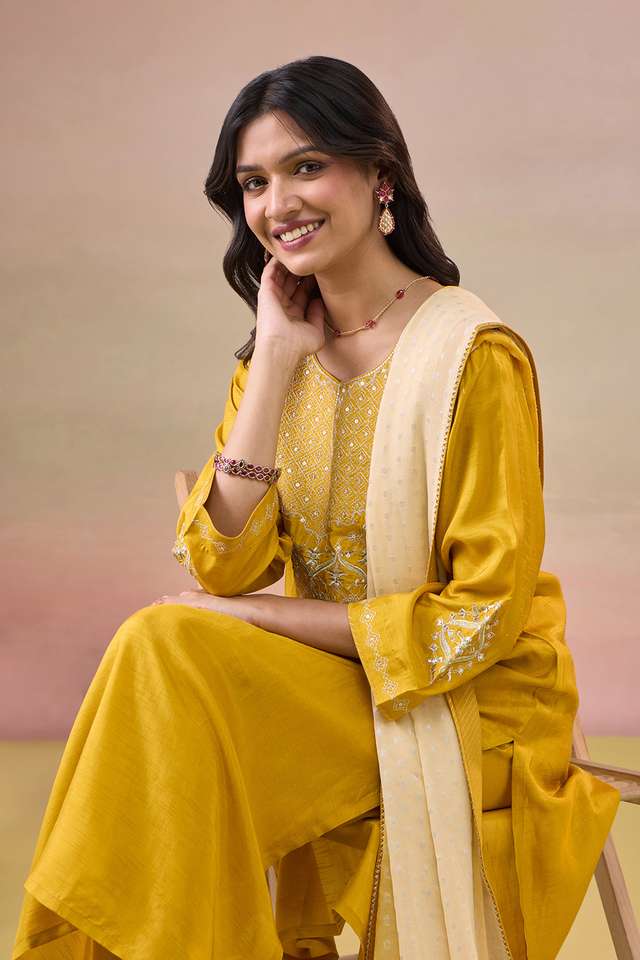 Yellow Pure Viscose Embroidered Kurta Set thumbnail image number null