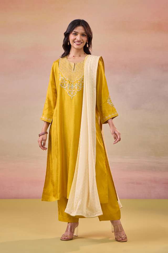 Yellow Pure Viscose Embroidered Kurta Set thumbnail image number null