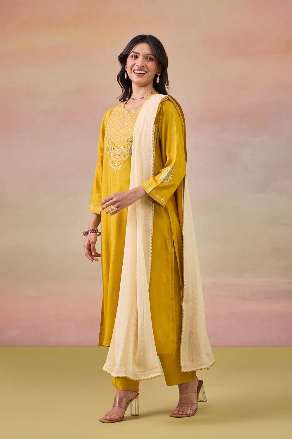 Yellow Pure Viscose Embroidered Kurta Set image number null