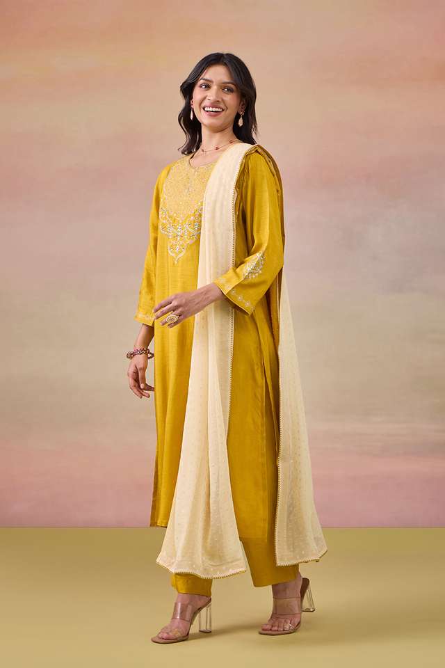 Yellow Pure Viscose Embroidered Kurta Set thumbnail image number null
