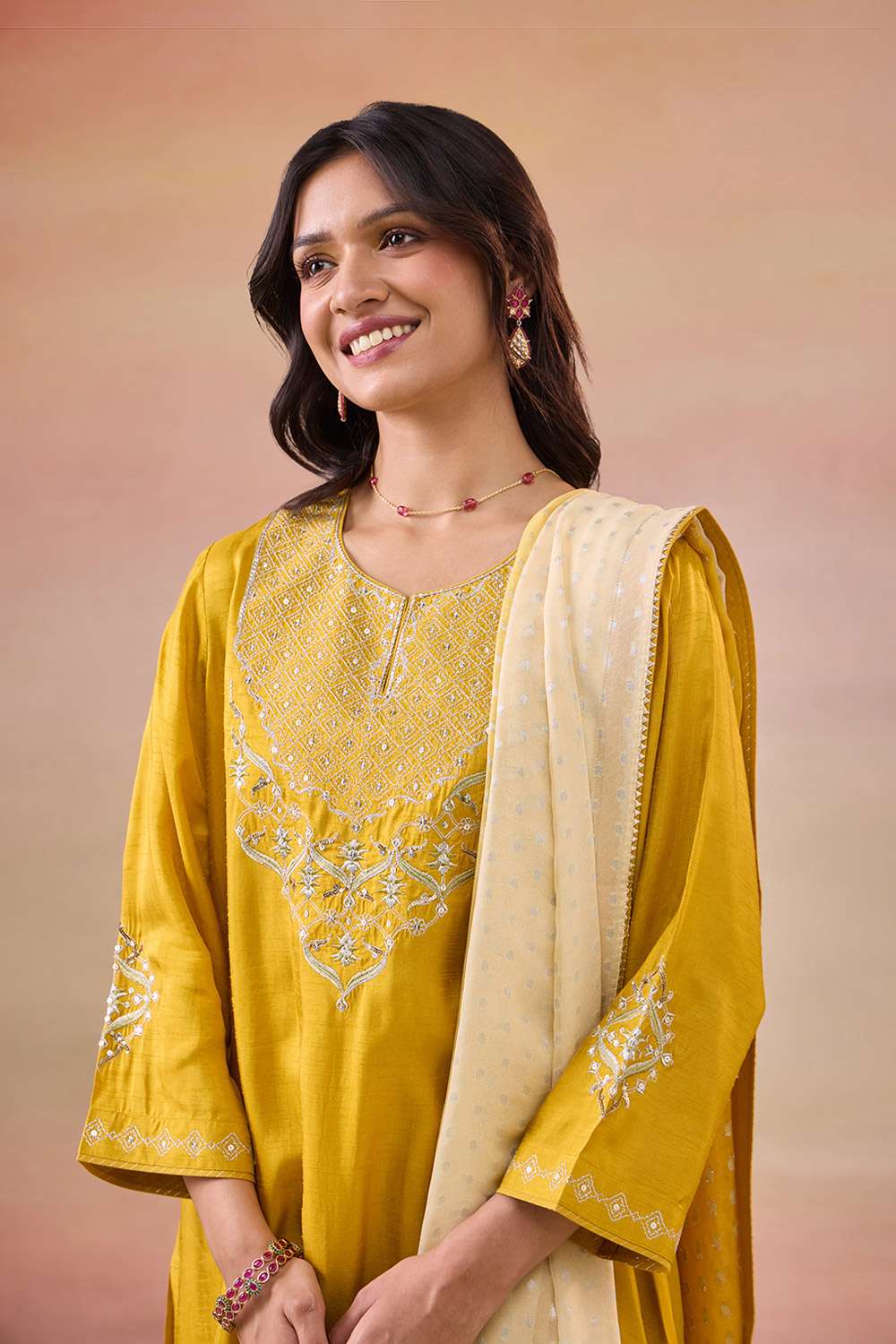 Yellow Pure Viscose Embroidered Kurta Set image number null