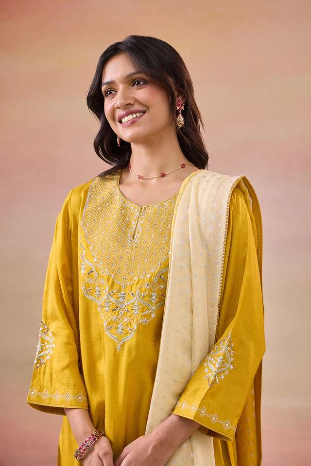 Yellow Pure Viscose Embroidered Kurta Set thumbnail image number null