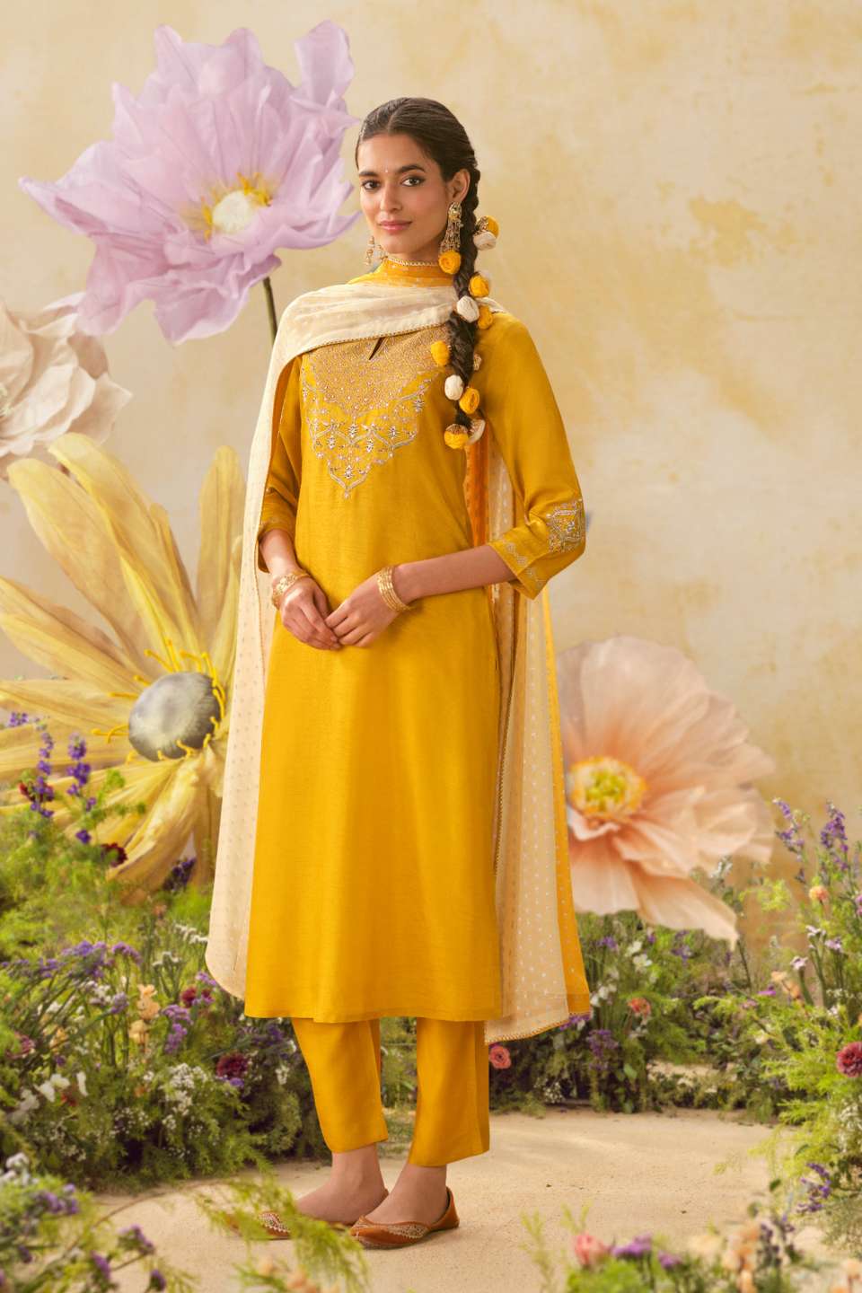 Yellow Pure Viscose Embroidered Kurta Set