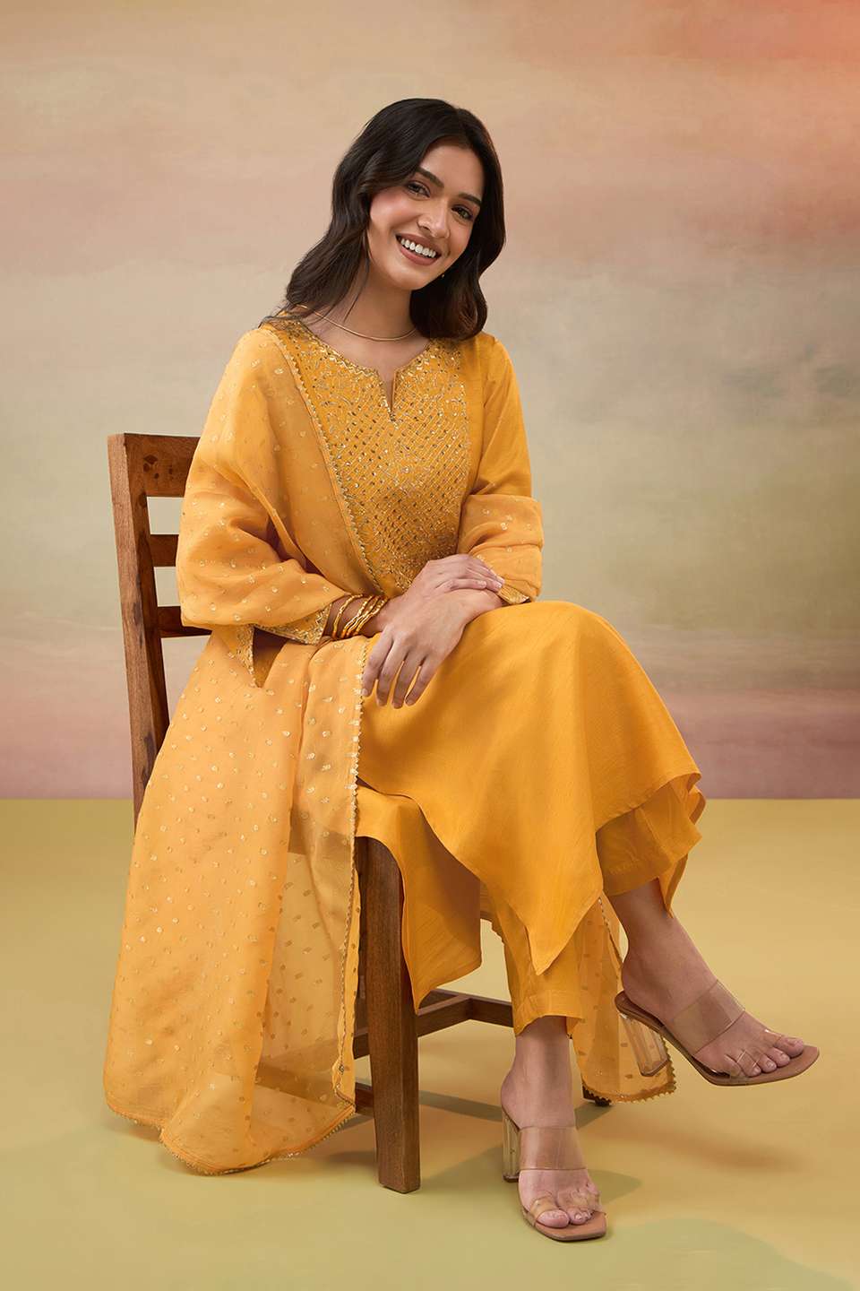 Orange Pure Viscose Embroidered Kurta Set