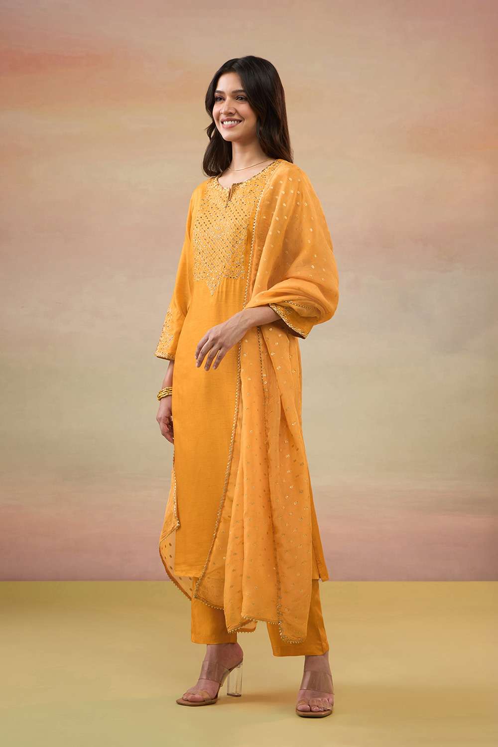 Orange Pure Viscose Embroidered Kurta Set image number null