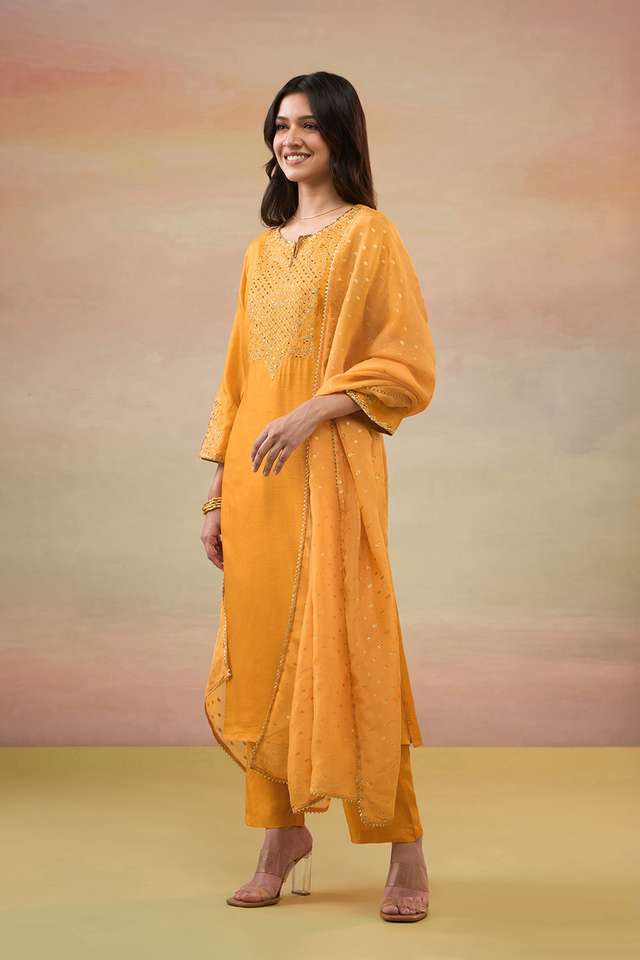 Orange Pure Viscose Embroidered Kurta Set thumbnail image number null