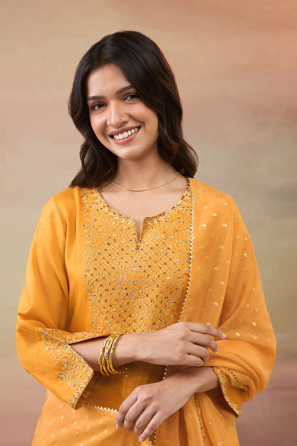 Orange Pure Viscose Embroidered Kurta Set image number null