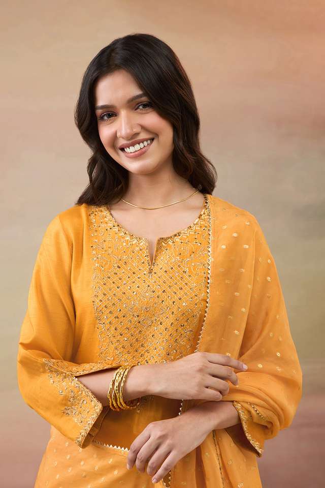 Orange Pure Viscose Embroidered Kurta Set thumbnail image number null
