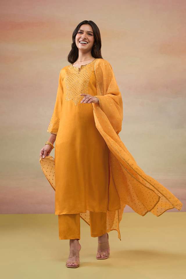 Orange Pure Viscose Embroidered Kurta Set thumbnail image number null