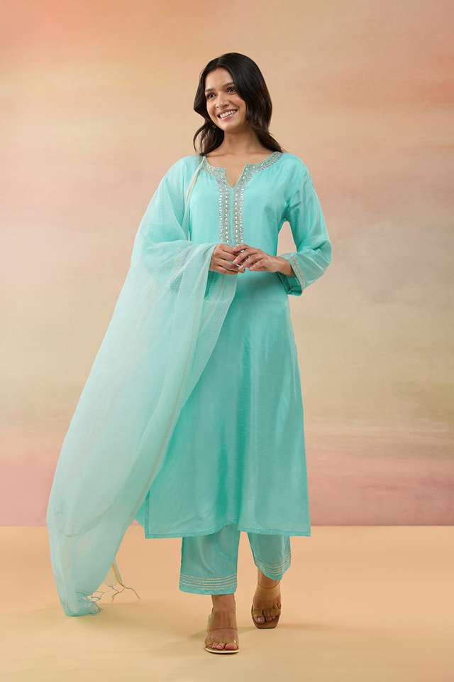 Light Blue Pure Viscose Embroidered Kurta Set image number