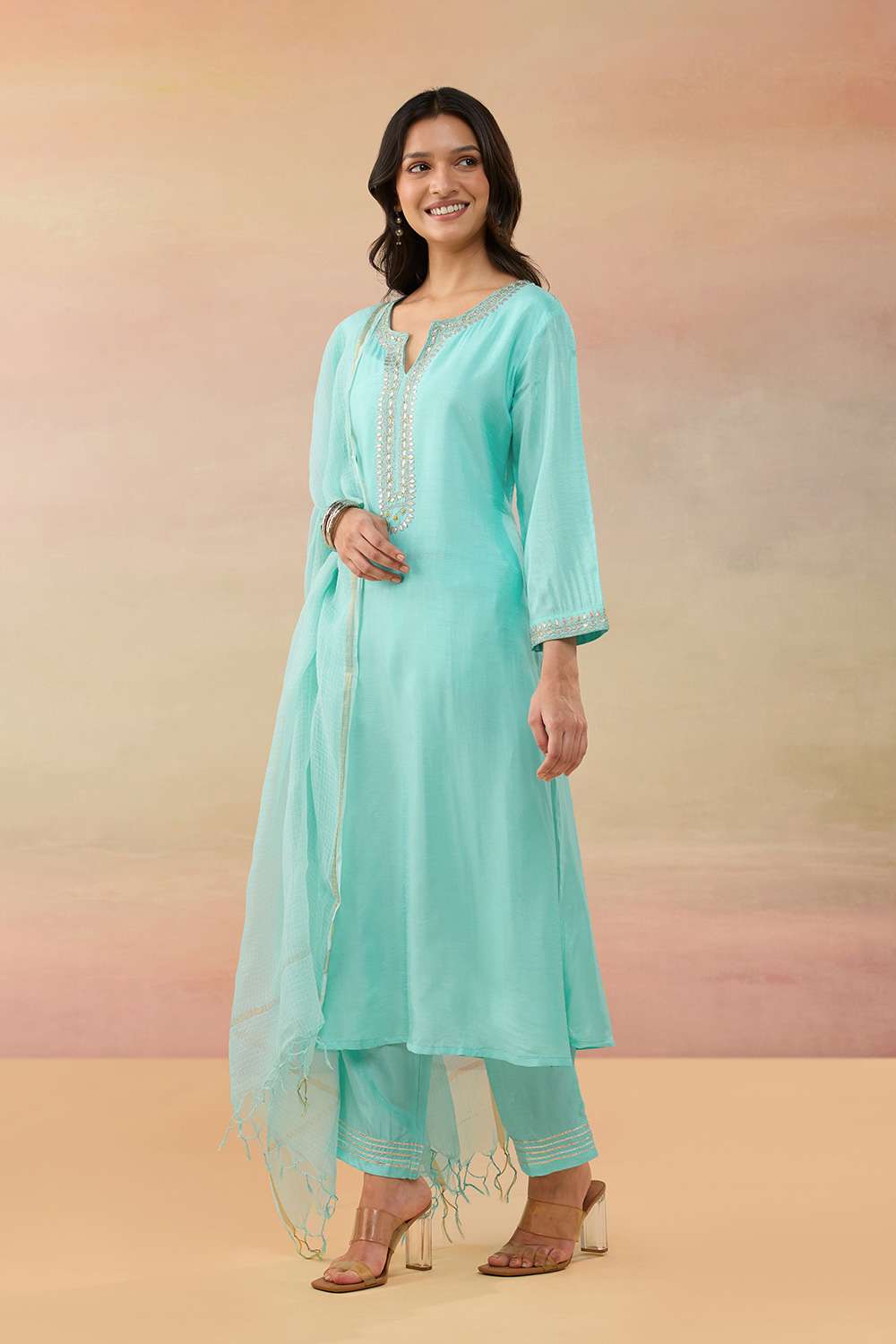 Light Blue Pure Viscose Embroidered Kurta Set image number null