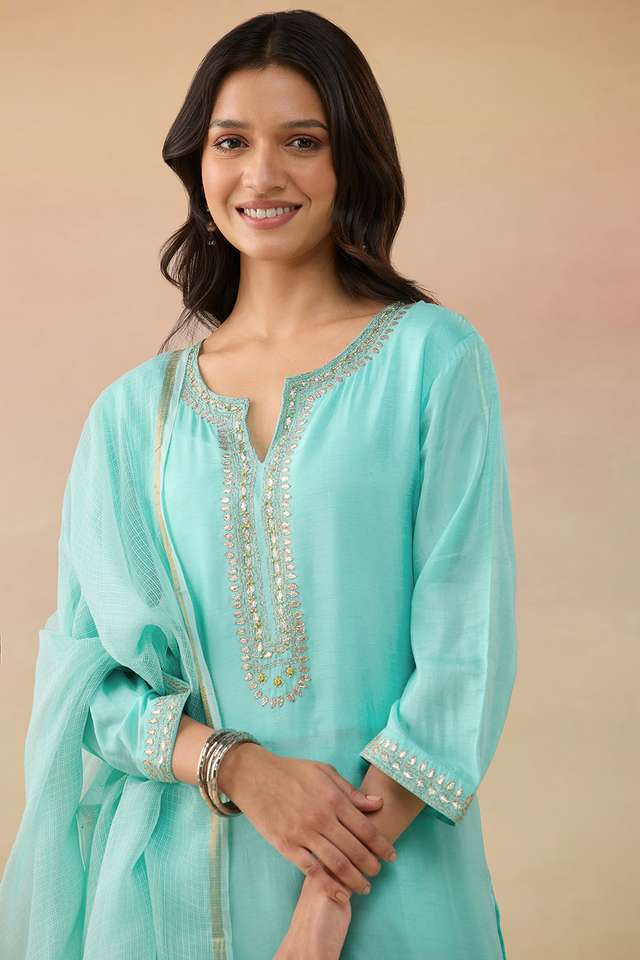 Light Blue Pure Viscose Embroidered Kurta Set thumbnail image number null