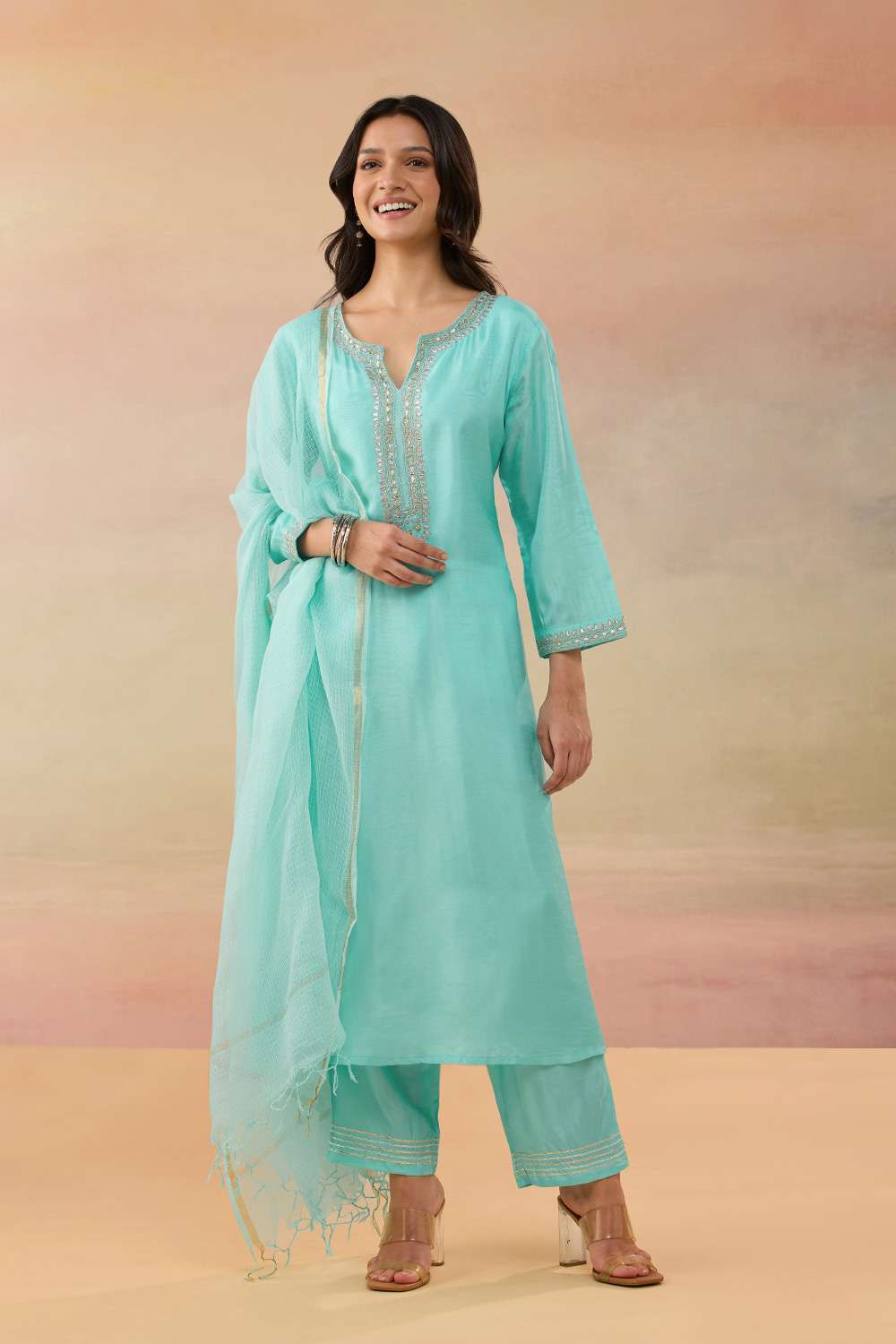 Light Blue Pure Viscose Embroidered Kurta Set image number null