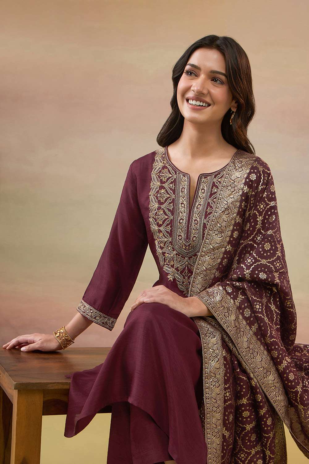 Dark Red Pure Viscose Embroidered Kurta Set image number null