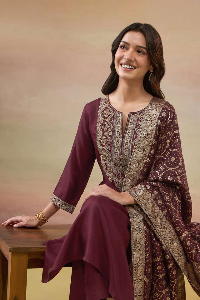 Dark Red Pure Viscose Embroidered Kurta Set image number