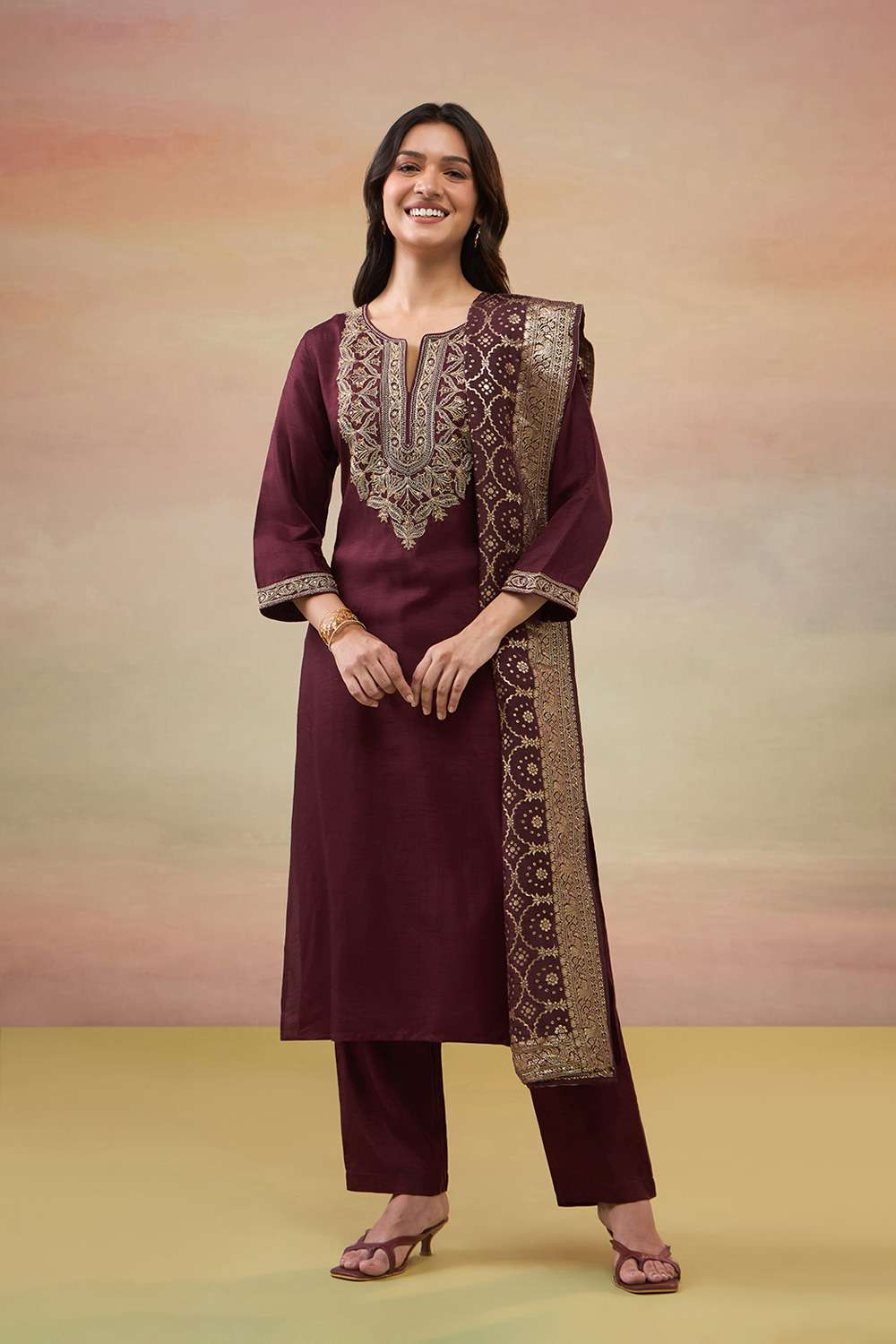 Dark Red Pure Viscose Embroidered Kurta Set image number null