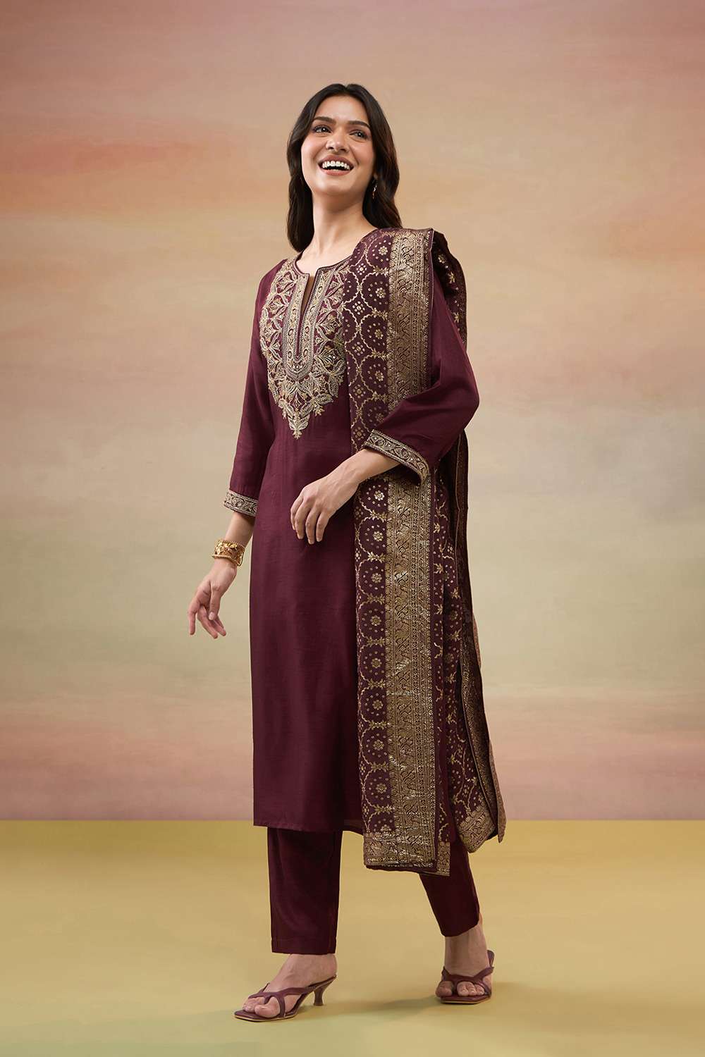 Dark Red Pure Viscose Embroidered Kurta Set image number null