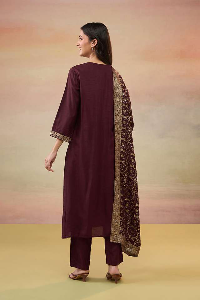 Dark Red Pure Viscose Embroidered Kurta Set thumbnail image number null