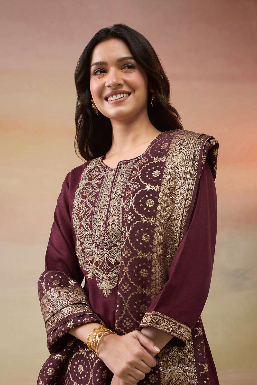 Dark Red Pure Viscose Embroidered Kurta Set image number null