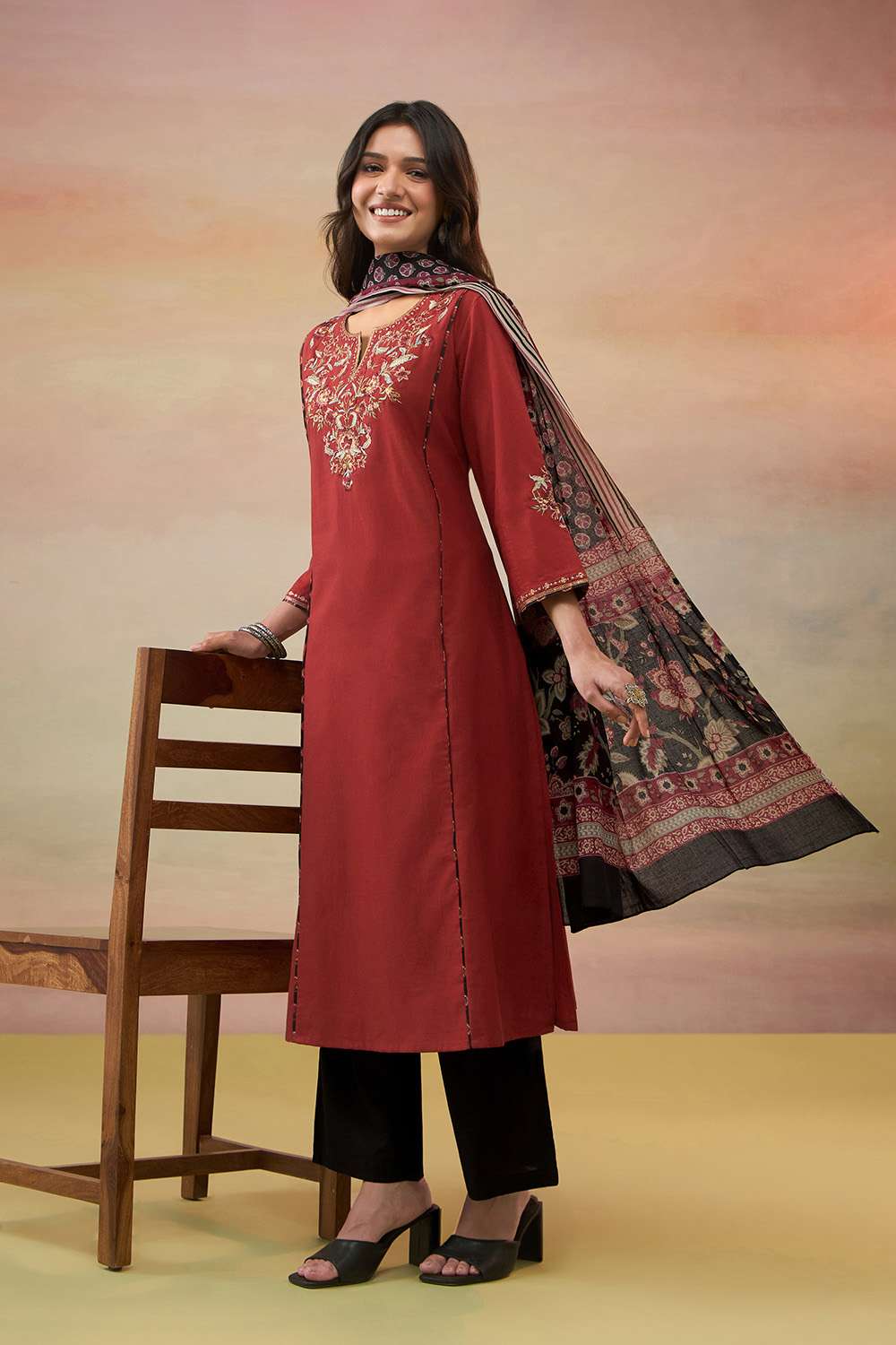 Dark Red Pure Cotton Embroidered Kurta Set image number null