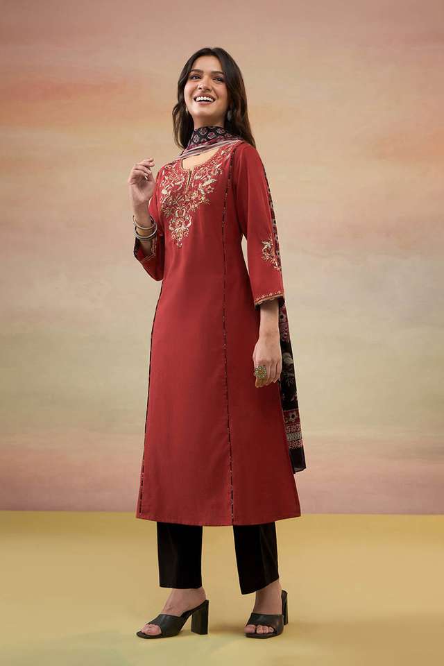 Dark Red Pure Cotton Embroidered Kurta Set thumbnail image number null