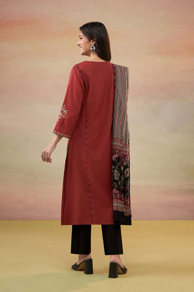 Dark Red Pure Cotton Embroidered Kurta Set thumbnail image number null