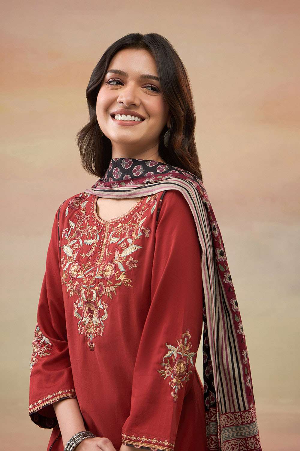 Dark Red Pure Cotton Embroidered Kurta Set image number null