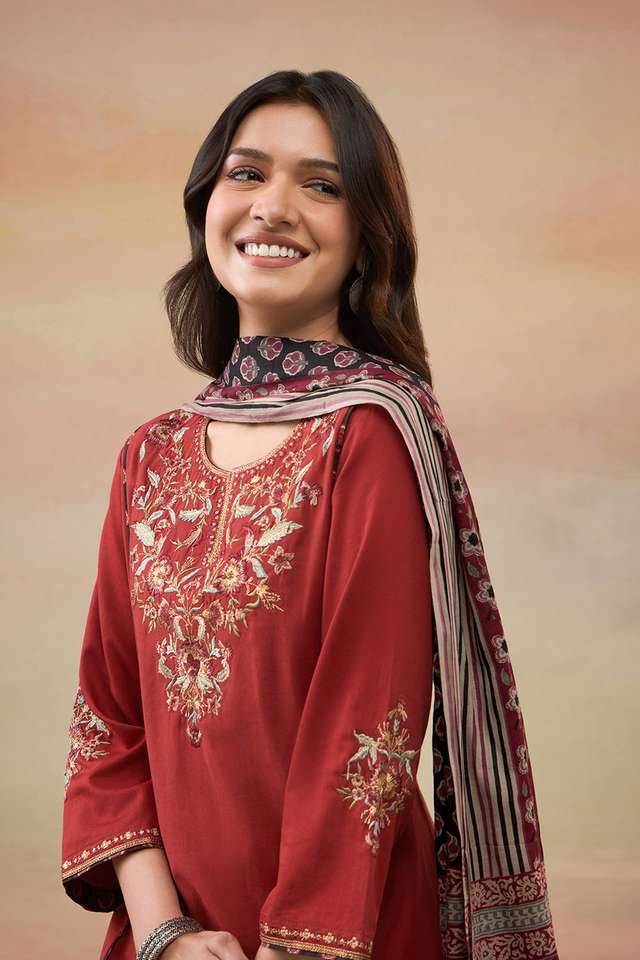 Dark Red Pure Cotton Embroidered Kurta Set thumbnail image number null