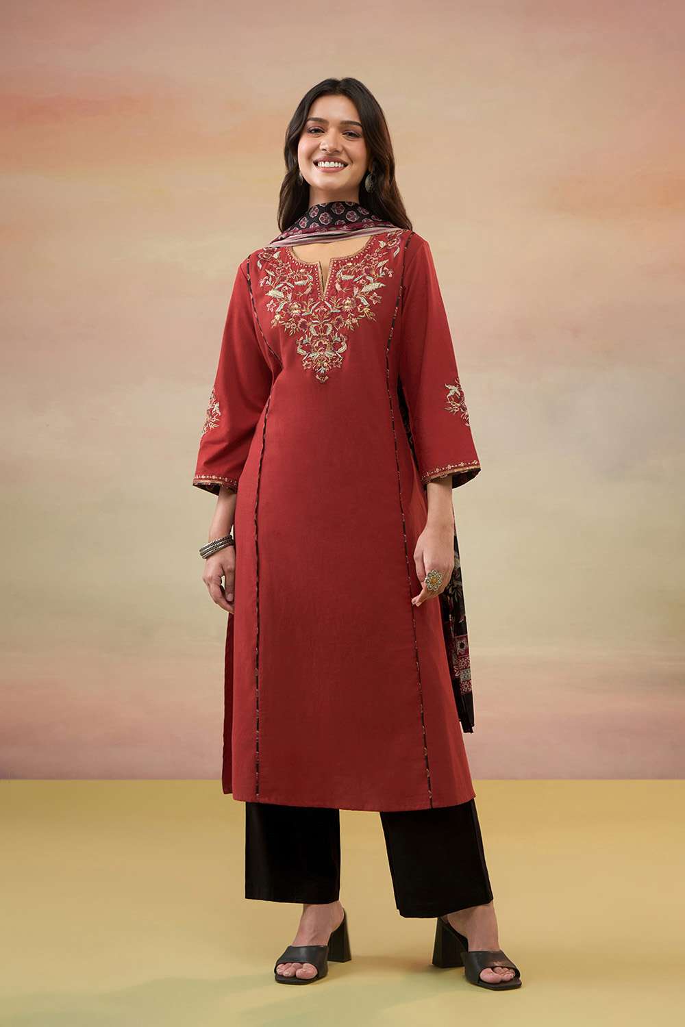 Dark Red Pure Cotton Embroidered Kurta Set image number null