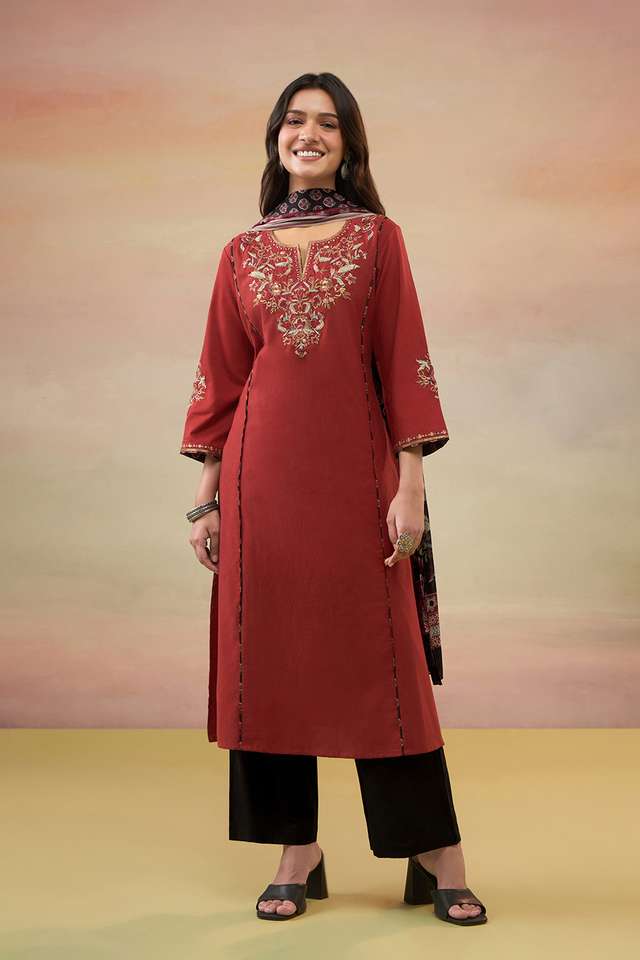 Dark Red Pure Cotton Embroidered Kurta Set thumbnail image number null