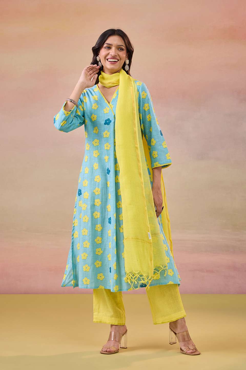 Blue Screen Printed Pure Cotton Kurta Set