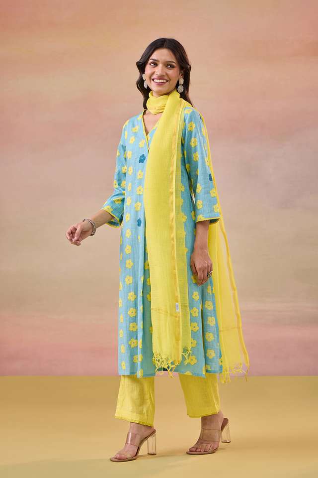 Blue Screen Printed Pure Cotton Kurta Set thumbnail image number null