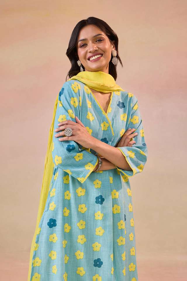 Blue Screen Printed Pure Cotton Kurta Set thumbnail image number null