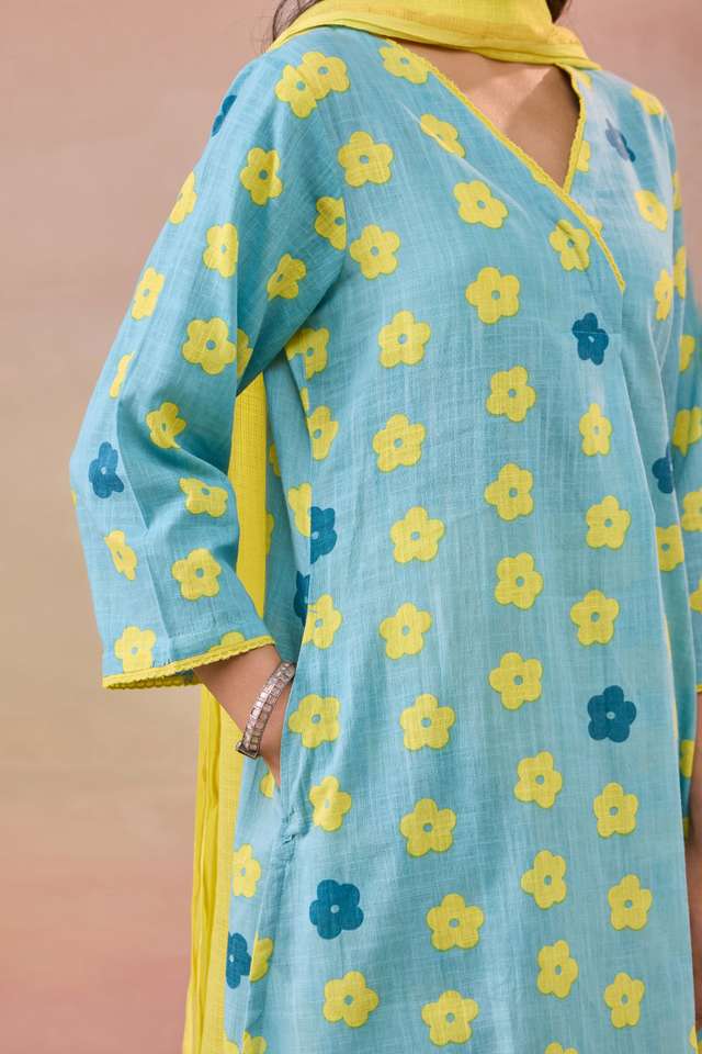 Blue Screen Printed Pure Cotton Kurta Set thumbnail image number null