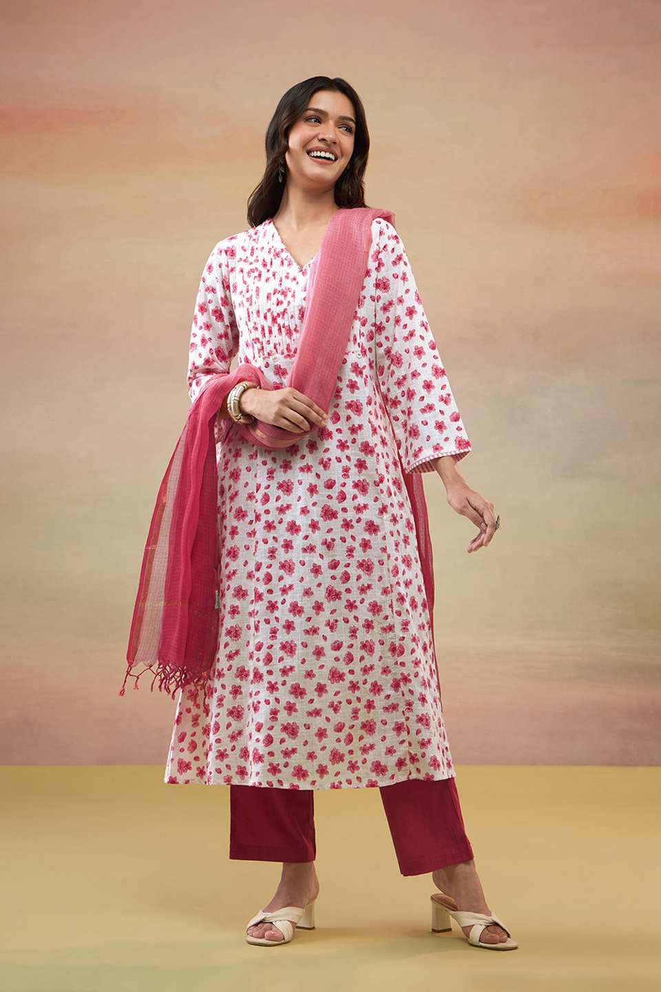 Light Pink Pure Cotton Screen Printed  Kurta Set