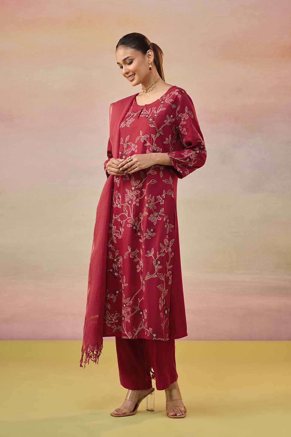 Red Pure Viscose Embroidered Kurta Set
