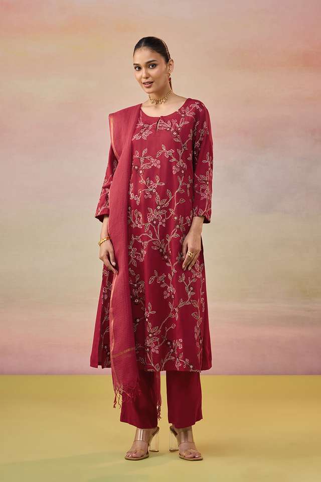 Red Pure Viscose Embroidered Kurta Set thumbnail image number null